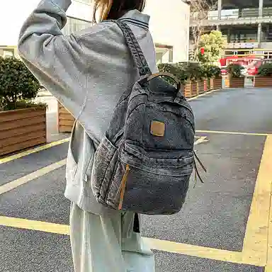 單倉 复古简约个性初高中学生大容量轻便百搭书包 牛仔布 背包双肩包 常规 男女同款情侣款 黑色/浅蓝色/深蓝色