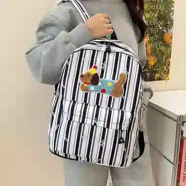 單倉 可爱条纹蝴蝶结腊肠狗小清新设计学院风背包初高中学生大容量轻便耐磨书包 尼龙 双肩包 常规 女款 粉色/蓝色/黑色
