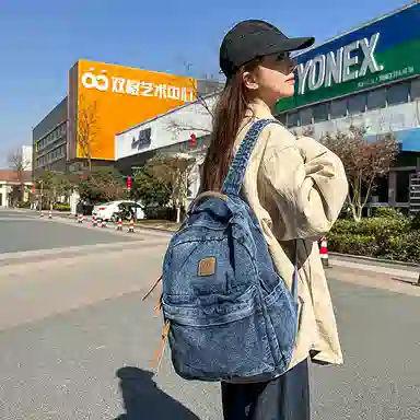 單倉 复古简约个性初高中学生大容量轻便百搭书包 牛仔布 背包双肩包 常规 男女同款情侣款 黑色/浅蓝色/深蓝色