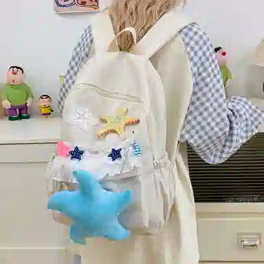 單倉 可爱卡通高颜值蕾丝设计通勤百搭学院风背包初高中学生大容量轻便耐磨书包 尼龙布 双肩包 常规 女款 白色/黄色
