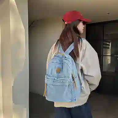 單倉 复古简约个性初高中学生大容量轻便百搭书包 牛仔布 背包双肩包 常规 男女同款情侣款 黑色/浅蓝色/深蓝色