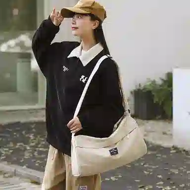單倉 高级感简约休闲设计初高中学生通勤百搭 尼龙 手拎斜挎单肩包 男女同款情侣款 米白色/卡其色/绿色/黑色