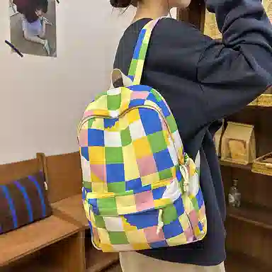 單倉 多巴胺七彩初高中学生复古格子通勤百搭大容量 尼龙 背包书包双肩包 女款 蓝绿色/紫粉色/蓝紫色/蓝白色