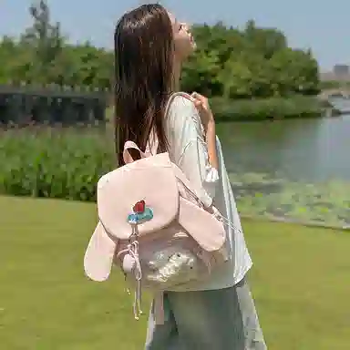 單倉 甜美韩系可爱兔子耳朵设计背包学院风初高中学生大容量通勤百搭书包 尼龙 双肩痛包 常规 女款 粉色/米白色/黄色/紫色/黑色/绿色