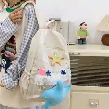 單倉 可爱卡通高颜值蕾丝设计通勤百搭学院风背包初高中学生大容量轻便耐磨书包 尼龙布 双肩包 常规 女款 白色/黄色