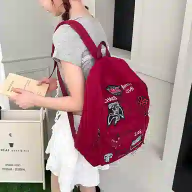單倉 日系潮酷通勤百搭学院风设计背包初高中学生大容量轻便耐磨 帆布 双肩包 男女同款情侣款 红色/黑色