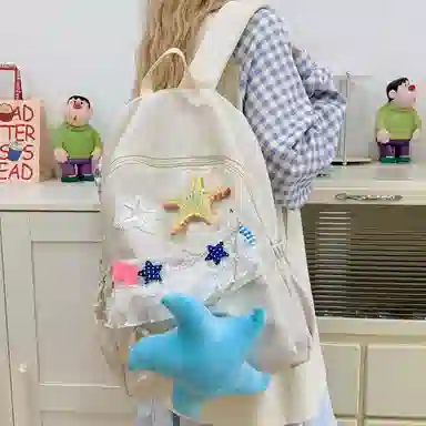單倉 可爱卡通高颜值蕾丝设计通勤百搭学院风背包初高中学生大容量轻便耐磨书包 尼龙布 双肩包 常规 女款 白色/黄色