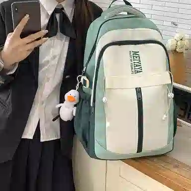 單倉 小众设计初高中学生大容量书包韩版撞色背包 尼龙 双肩包 常规 男女同款情侣款 深蓝色/黑色/粉红色/酒红色/黄色/薄荷绿色