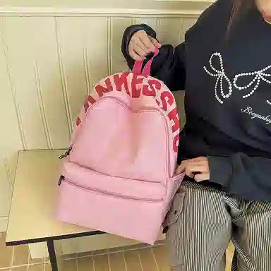 單倉 字母印花清新设计通勤百搭学院风背包初高中学生大容量轻便耐磨书包 尼龙 双肩包 常规 女款 粉色/红色/黄色/紫色/灰色/黑色