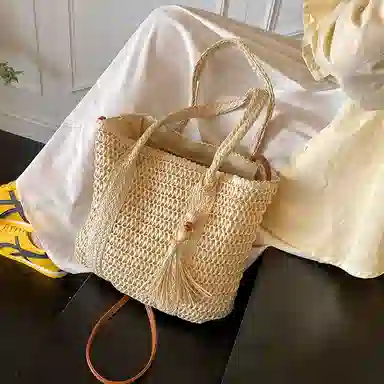 單倉 海边旅行度假编织托特包法式时尚简约百搭 草编 手提斜挎单肩包 女款 卡其色/米白色