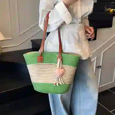單倉 海边度假沙滩包时尚百搭草编腋下 编织 托特包手提单肩包 女款 卡其色/米白色/粉色/绿色