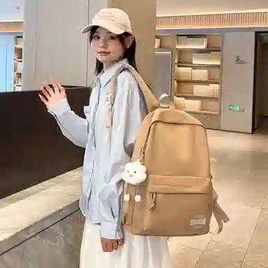 單倉 日系通勤百搭字母设计书包初高中学生大容量通勤百搭书包 尼龙 双肩包 常规 男女同款情侣款 粉色/紫色/黄色/蓝色/卡其色/黑色