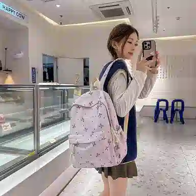 單倉 高颜值小众设计印花背包通勤百搭初高中学生大容量书包 尼龙 双肩包 常规 女款 白红花色/白黑花色/白蓝花色/紫色/黑色
