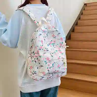 單倉 复古小碎花书包可爱洋气慵懒风背包大学生休闲百搭 尼龙 双肩包 男女同款情侣款 米白色/绿色