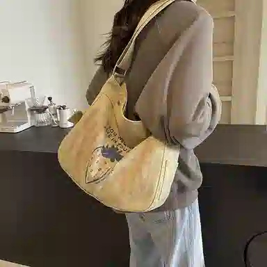單倉 韩版潮流休闲托特包卡通涂鸦帆布包时尚百搭通勤 帆布 单肩包 女款 米灰/黑茶色/米白色/卡其色