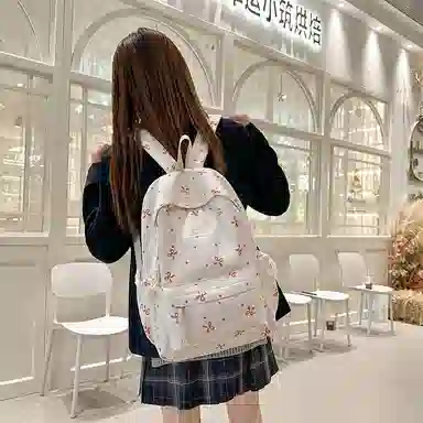 單倉 高颜值小众设计印花背包通勤百搭初高中学生大容量书包 尼龙 双肩包 常规 女款 白红花色/白黑花色/白蓝花色/紫色/黑色