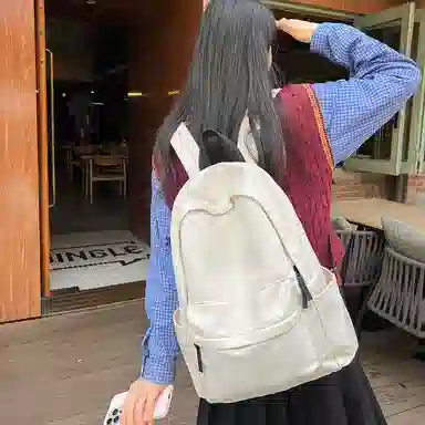 單倉 时尚简约纯色初高中学生大容量轻便学院风百搭书包 尼龙 背包双肩包 常规 男女同款情侣款 黑色/酒红色/浅蓝色/米白色