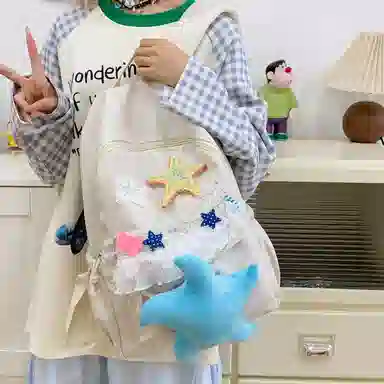 單倉 可爱卡通高颜值蕾丝设计通勤百搭学院风背包初高中学生大容量轻便耐磨书包 尼龙布 双肩包 常规 女款 白色/黄色