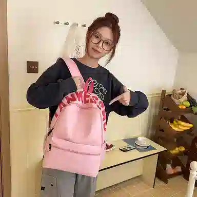 單倉 字母印花清新设计通勤百搭学院风背包初高中学生大容量轻便耐磨书包 尼龙 双肩包 常规 女款 粉色/红色/黄色/紫色/灰色/黑色
