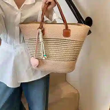 單倉 海边度假沙滩包时尚百搭草编腋下 编织 托特包手提单肩包 女款 卡其色/米白色/粉色/绿色