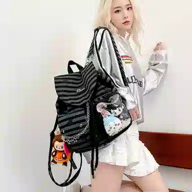 單倉 韩系潮流时尚机能格纹通勤百搭设计背包初高中学生大容量书包 尼龙 双肩包 常规 女款 黑色条纹星星色