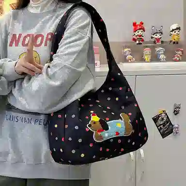 單倉 韩系波点腊肠狗可爱设计斜挎包通勤百搭手提包 涤纶 单肩包 常规 女款 白色/米白色/黑色