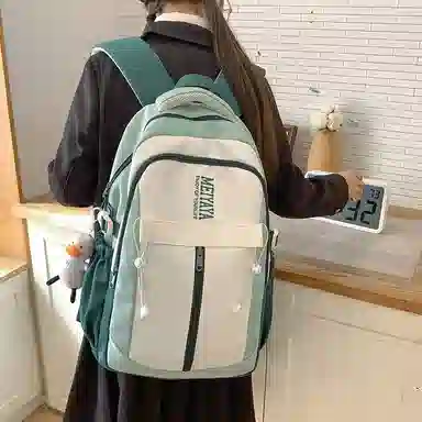 單倉 小众设计初高中学生大容量书包韩版撞色背包 尼龙 双肩包 常规 男女同款情侣款 深蓝色/黑色/粉红色/酒红色/黄色/薄荷绿色