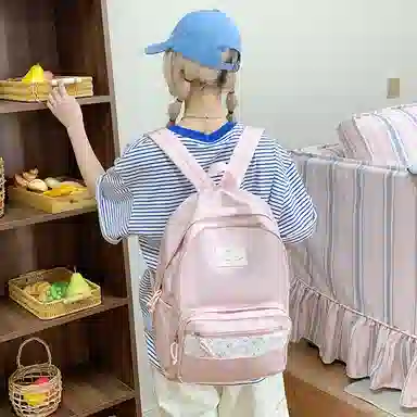 單倉 高颜值小清新印花设计通勤百搭学院风背包初高中轻便耐磨 尼龙布 双肩包 女款 白色/粉色/蓝色/绿色/黑色
