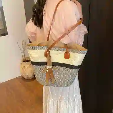 單倉 编织海边沙滩托特包 草编 手提单肩包 女款 卡其色/黑色