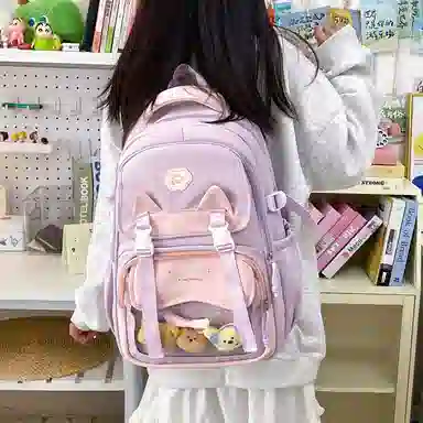 單倉 时尚潮流可爱甜美高级舒适轻便耐磨学院风背包初高中学生大容量通勤百搭书包 斜纹布 双肩包 常规 女款 粉色/紫色/蓝色/绿色/黑色