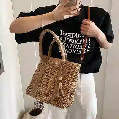 單倉 海边旅行度假编织托特包法式时尚简约百搭 草编 手提斜挎单肩包 女款 卡其色/米白色