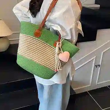 單倉 海边度假沙滩包时尚百搭草编腋下 编织 托特包手提单肩包 女款 卡其色/米白色/粉色/绿色