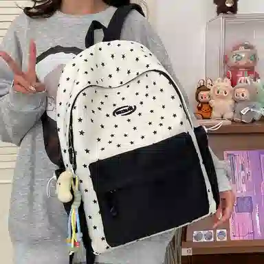 單倉 高颜值星星印花设计通勤百搭学院风背包初高中学生大容量轻便耐磨书包 尼龙布 双肩包 常规 女款 粉色/蓝色/黄色/绿色/黑色