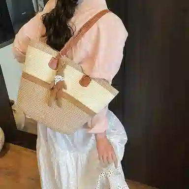 單倉 编织海边沙滩托特包 草编 手提单肩包 女款 卡其色/黑色