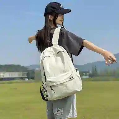 單倉 高颜值字母简约设计学院风通勤百搭背包初高中学生大容量轻便耐磨背包 尼龙 双肩包 常规 男女同款情侣款 白色/卡其色/灰色/黑色