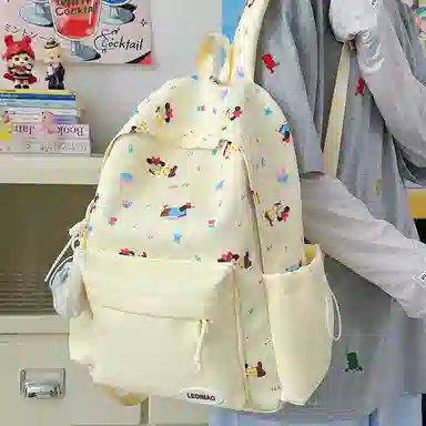 單倉 可爱印花时尚设计学院风通勤百搭学院风背包初高中学生大容量轻便耐磨书包 尼龙 双肩包 常规 女款 粉色/蓝色/黄色/绿色