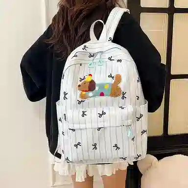 單倉 可爱条纹蝴蝶结腊肠狗小清新设计学院风背包初高中学生大容量轻便耐磨书包 尼龙 双肩包 常规 女款 粉色/蓝色/黑色