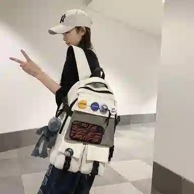 單倉 港风潮流初高中学生大容量轻便书包 尼龙 背包双肩包 男女同款情侣款 黑色/白色/蓝色/灰色
