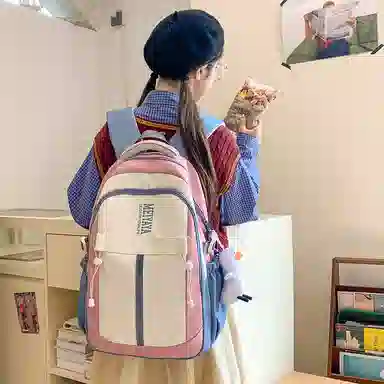 單倉 小众设计初高中学生大容量书包韩版撞色背包 尼龙 双肩包 常规 男女同款情侣款 深蓝色/黑色/粉红色/酒红色/黄色/薄荷绿色