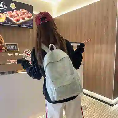 單倉 日系高颜值毛绒针织韩版通勤百搭多巴胺大容量初高中学生书包小众设计 尼龙 背包双肩包 女款 黄色/绿色/白横条/红横条