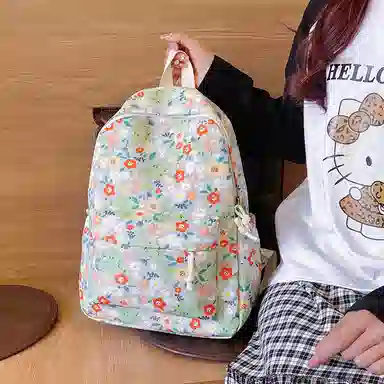 單倉 复古小碎花书包可爱洋气慵懒风背包大学生休闲百搭 尼龙 双肩包 男女同款情侣款 米白色/绿色