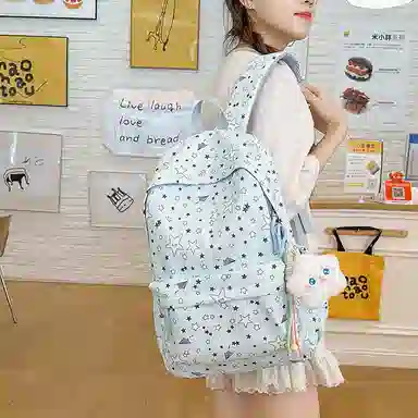 單倉 高颜值时尚星星卡通印花设计学院风通勤百搭背包初高中学生大容量轻便耐磨书包 尼龙 双肩包 常规 女款 白色/粉色/蓝色/黑色