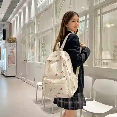 單倉 高颜值小众设计印花背包通勤百搭初高中学生大容量书包 尼龙 双肩包 常规 女款 白红花色/白黑花色/白蓝花色/紫色/黑色