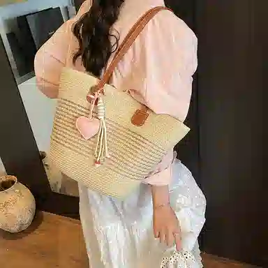 單倉 海边度假沙滩包时尚百搭草编腋下 编织 托特包手提单肩包 女款 卡其色/米白色/粉色/绿色