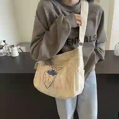 單倉 韩版潮流休闲托特包卡通涂鸦帆布包时尚百搭通勤 帆布 单肩包 女款 米灰/黑茶色/米白色/卡其色