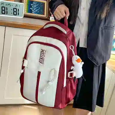 單倉 小众设计初高中学生大容量书包韩版撞色背包 尼龙 双肩包 常规 男女同款情侣款 深蓝色/黑色/粉红色/酒红色/黄色/薄荷绿色