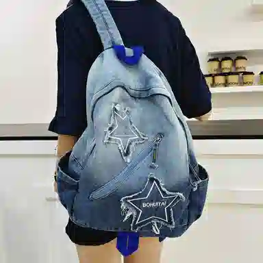 單倉 渐变复古小众星星个性设计轻便耐磨学院风背包初高中学生大容量通勤百搭书包 帆布 双肩包 常规 男女同款情侣款 蓝色/黑色