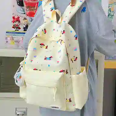 單倉 可爱印花时尚设计学院风通勤百搭学院风背包初高中学生大容量轻便耐磨书包 尼龙 双肩包 常规 女款 粉色/蓝色/黄色/绿色