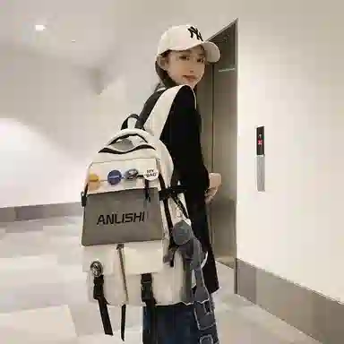 單倉 港风潮流初高中学生大容量轻便书包 尼龙 背包双肩包 男女同款情侣款 黑色/白色/蓝色/灰色