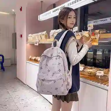 單倉 高颜值小众设计印花背包通勤百搭初高中学生大容量书包 尼龙 双肩包 常规 女款 白红花色/白黑花色/白蓝花色/紫色/黑色